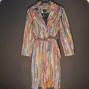 Y2K‎ Kathy Ireland Coat L Boho Rainbow Knit Artsy Striped Textured Statement